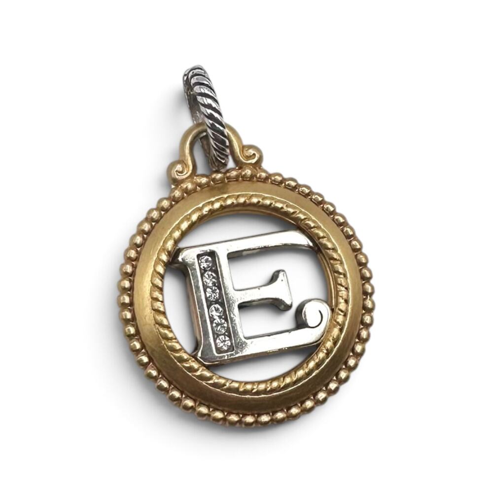 Brighton ABC Monogram Letter E Charm Two Tone Silver Gold Crystal Initial Round